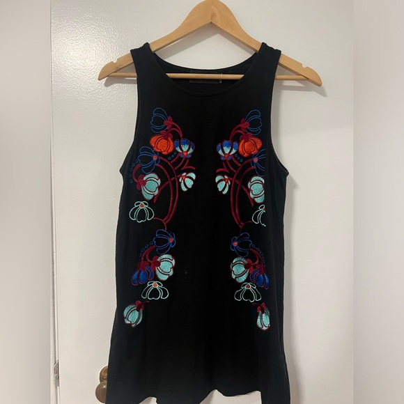 Black Mini Dress with Embroidered Flowers - Picture 2 of 4